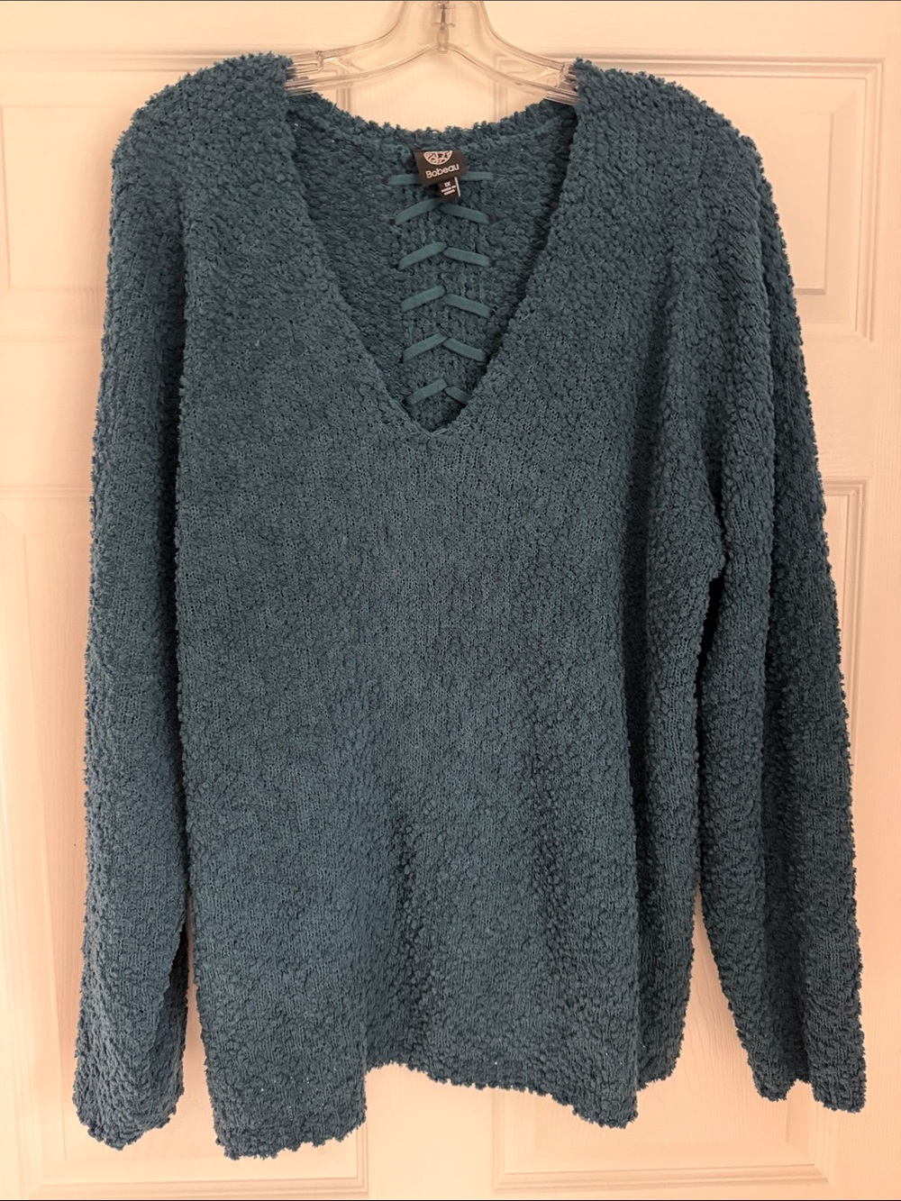 bobeau Teal Lace-Up back V-Neck Sherpa Sweater